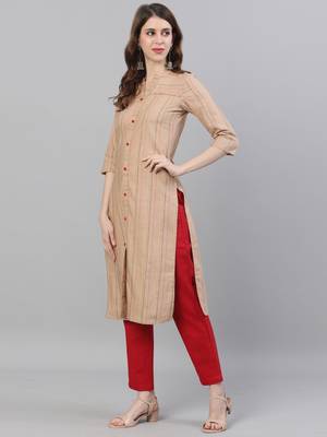 Beige printed cotton ethnic-kurtis 4