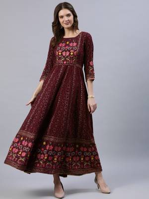 Burgundy printed viscose rayon ethnic-kurtis 1
