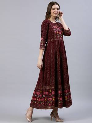 Burgundy printed viscose rayon ethnic-kurtis 2