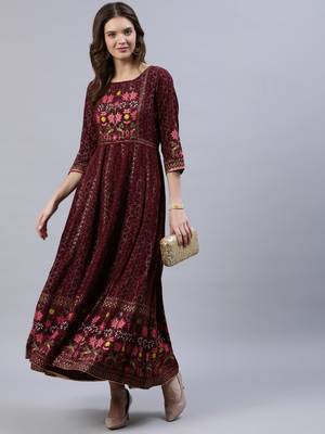 Burgundy printed viscose rayon ethnic-kurtis 4