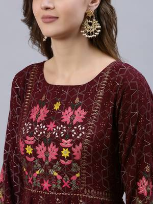 Burgundy printed viscose rayon ethnic-kurtis 5