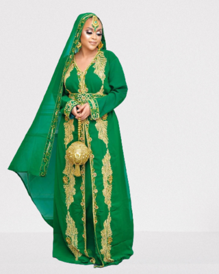 Green Zari Stone Work Georgette Islamic Style Beads Embedded Partywear Kaftan Long Gown Evening wear Dubai kaftan 1