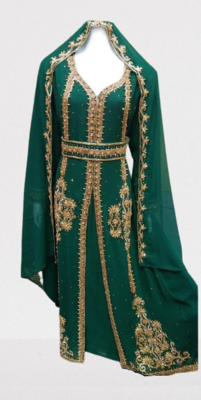  Green Zari Stone Work Georgette Islamic Style Beads Embedded Partywear Kaftan Long Gown Evening wear Dubai kaftan 1