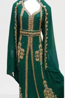 Green Zari Stone Work Georgette Islamic Style Beads Embedded Partywear Kaftan Long Gown Evening wear Dubai kaftan