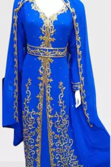 Blue Zari Stone Work Georgette Islamic Style Beads Embedded Partywear Kaftan Long Gown Evening wear Dubai kaftan