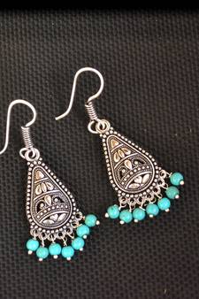 Turquoise Silver Oxidised Trendy Filigree danglers-drops Jhumki