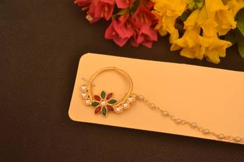 Gold Kudan nath or nathni with One pearl line no-piercing required nose-ring 1