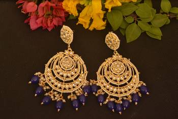 Blue Designer kundan stone bridal dangler pearl stone earrings studs pearl chandbali 2