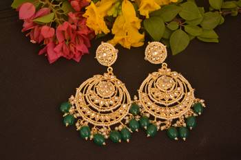 Green Designer kundan stone bridal dangler pearl stone earrings studs pearl chandbali 1