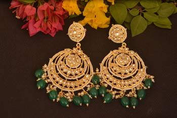Green Designer kundan stone bridal dangler pearl stone earrings studs pearl chandbali 2
