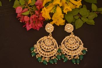 Green Designer kundan stone bridal dangler pearl stone earrings studs pearl chandbali 3