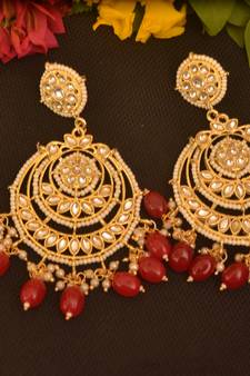 Red Designer kundan stone bridal dangler pearl stone earrings studs pearl chandbali