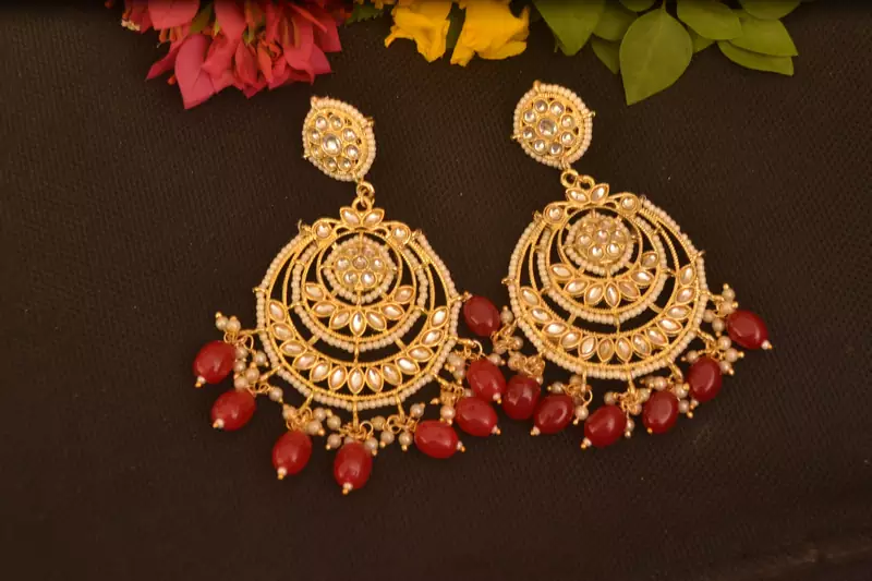 Red Designer kundan stone bridal dangler pearl stone earrings studs pearl chandbali