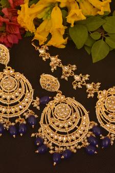 Designer kundan stone bridal dangler pearl stone earrings studs with matching maang tikka