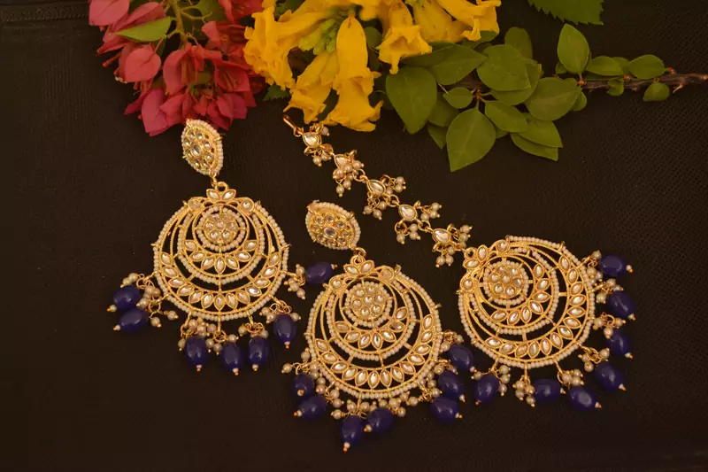 Designer kundan stone bridal dangler pearl stone earrings studs with matching maang tikka