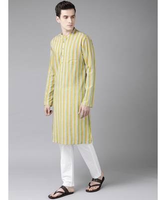 Men Yello And White Printed Straight cotton Kurta With Pyjama 3