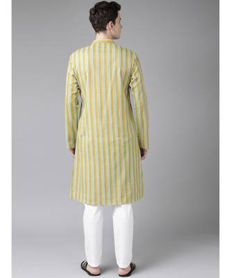 Men Yello And White Printed Straight cotton Kurta With Pyjama 4