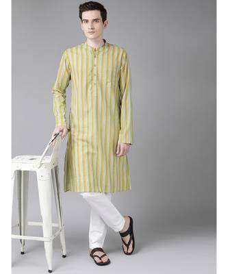 Men Yello And White Printed Straight cotton Kurta With Pyjama 5