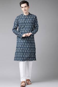 Men Blue & Beige Printed Straight cotton Kurta With Pyjama