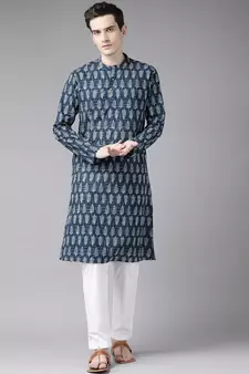 Men Blue & Beige Printed Straight cotton Kurta With Pyjama