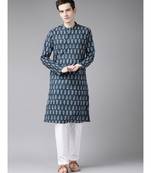 Men Blue & Beige Printed Straight cotton Kurta With Pyjama