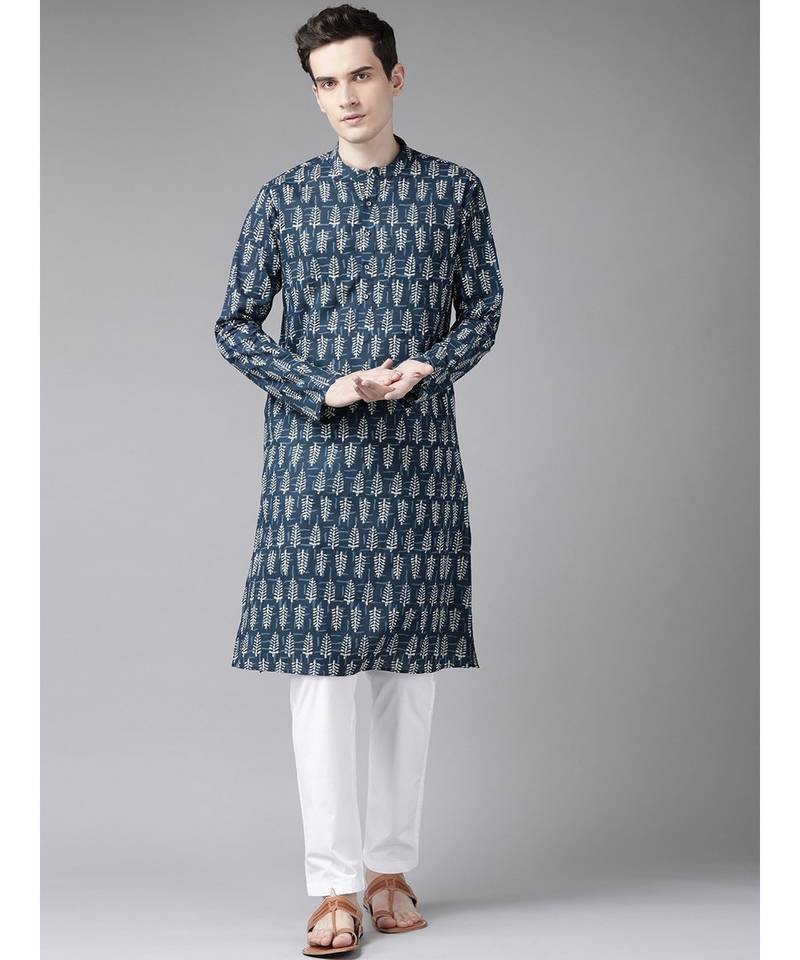Men Blue & Beige Printed Straight cotton Kurta With Pyjama