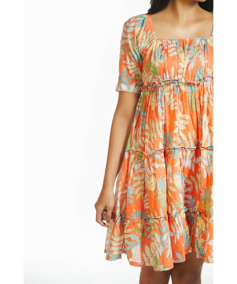 Orange Tropical Short Frill Dress