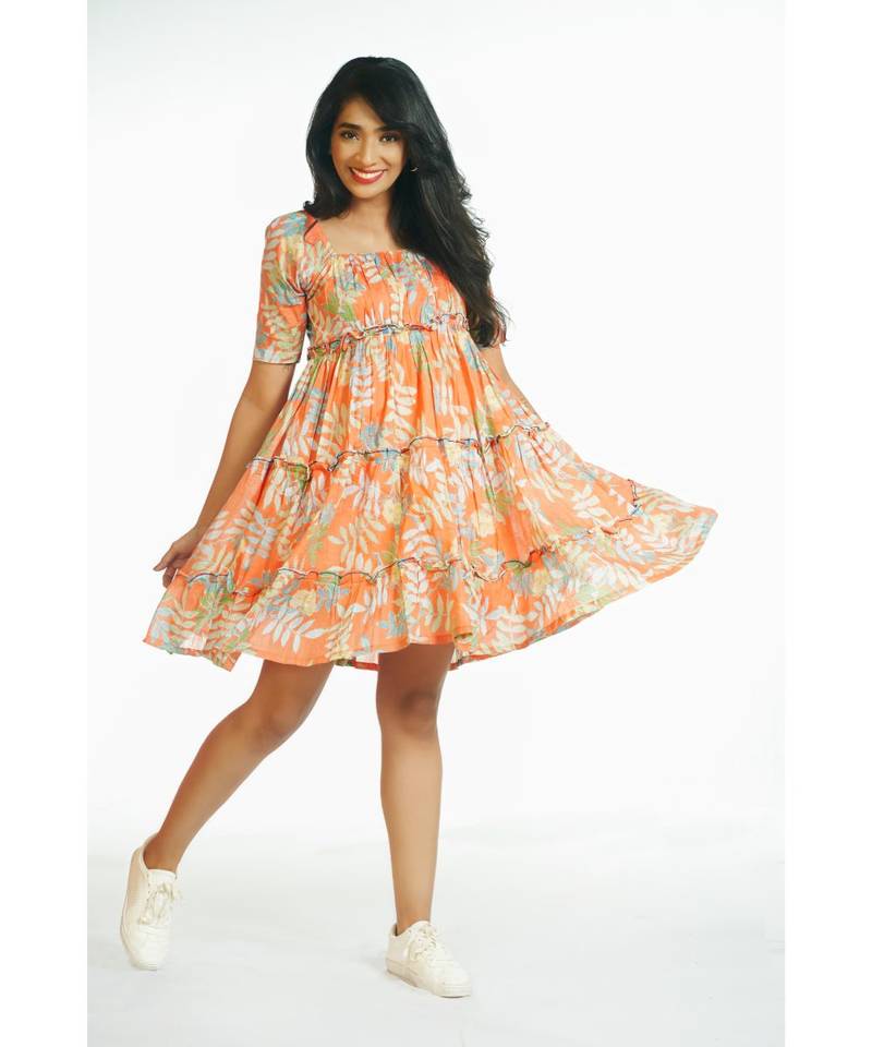 Orange Tropical Short Frill Dress