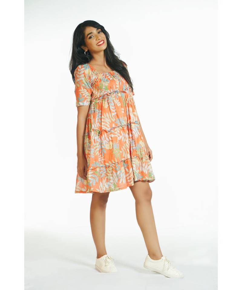Orange Tropical Short Frill Dress
