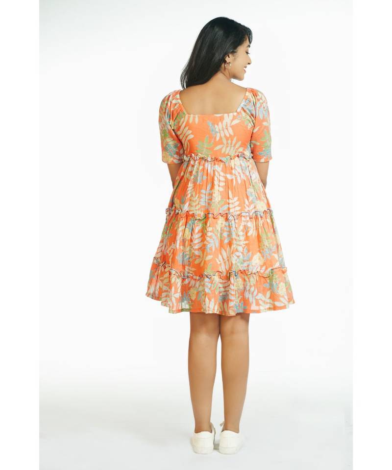 Orange Tropical Short Frill Dress