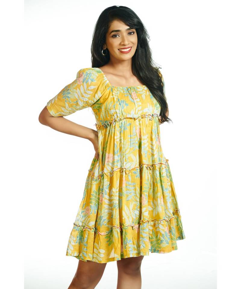 Yellow Tropical Short Frill Dress