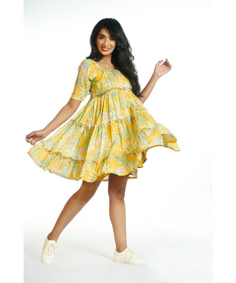 Yellow Tropical Short Frill Dress