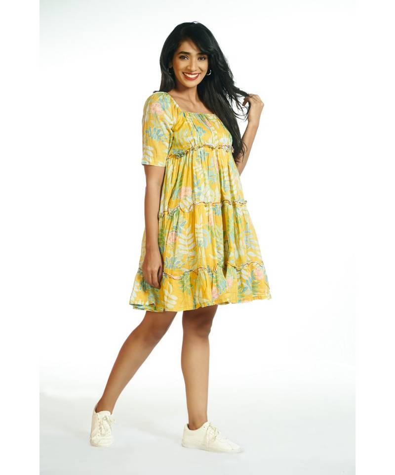 Yellow Tropical Short Frill Dress