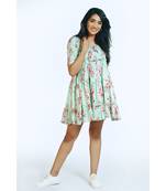 Pink Blue Tropical Short Frill Dress