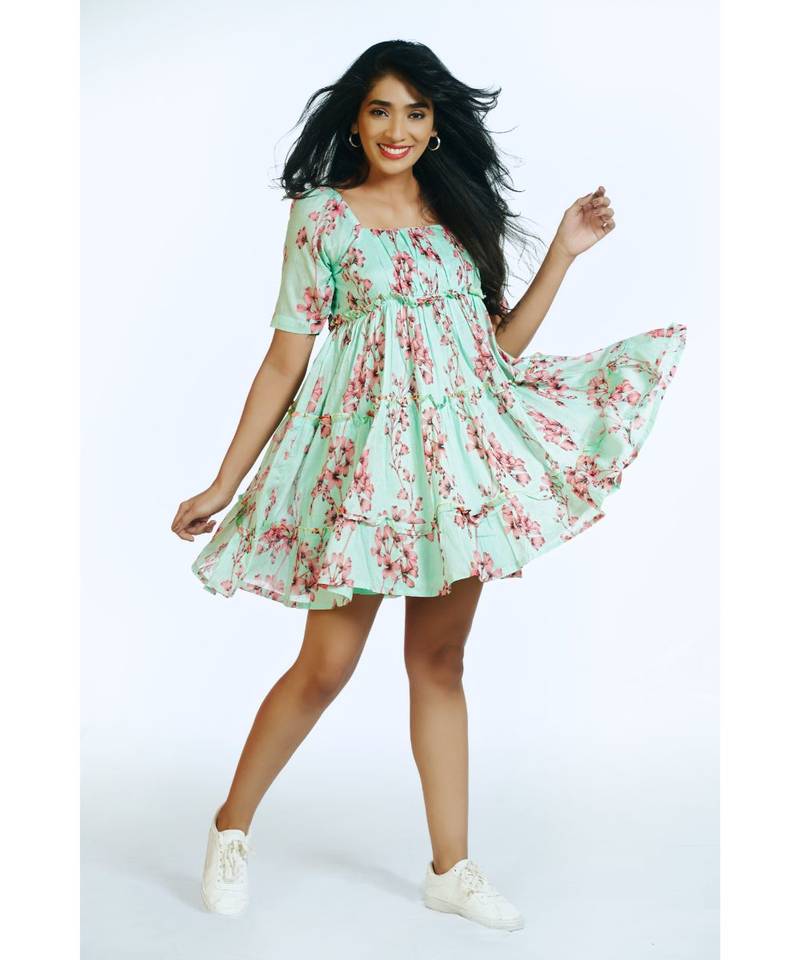 Pink Blue Tropical Short Frill Dress