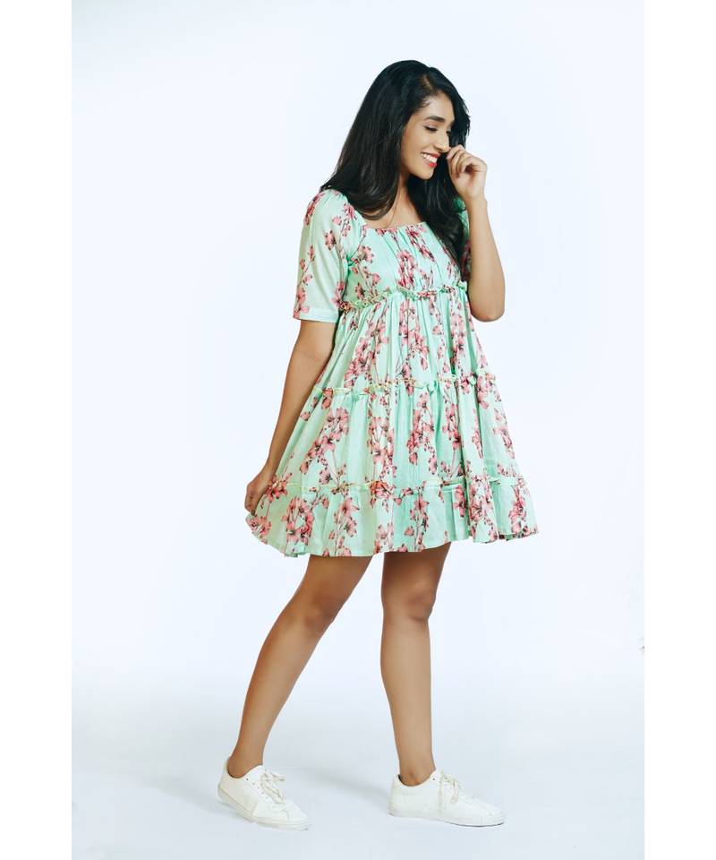 Pink Blue Tropical Short Frill Dress