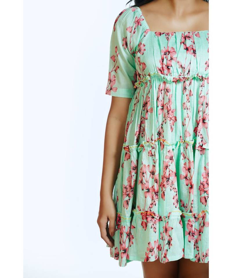 Pink Blue Tropical Short Frill Dress