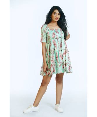 Pink Blue Tropical Short Frill Dress 5