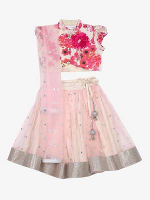 Flowery printed choli with flower and danglers and Ivory peach sequenced lehenga 1