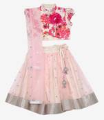 Flowery printed choli with flower and danglers and Ivory peach sequenced lehenga