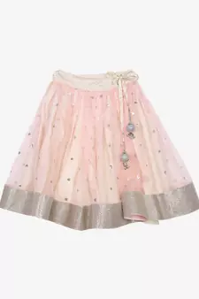 Flowery printed choli with flower and danglers and Ivory peach sequenced lehenga