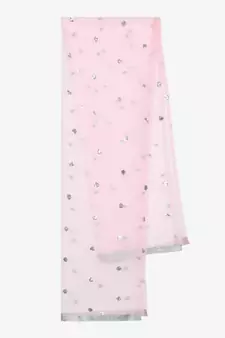 Flowery printed choli with flower and danglers and Ivory peach sequenced lehenga