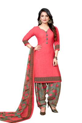 Peach  Crepe Printed Unstitched Salwar Suit Dress Material (Free Size) 1
