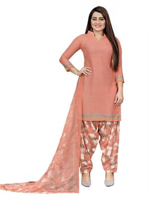 Peach Crepe Printed Unstitched Salwar Suit Dress Material (Free Size) 1