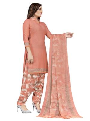 Peach Crepe Printed Unstitched Salwar Suit Dress Material (Free Size) 3