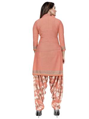 Peach Crepe Printed Unstitched Salwar Suit Dress Material (Free Size) 4