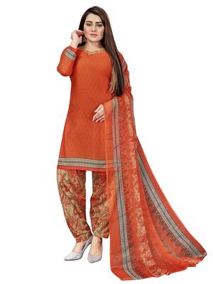 Orange  Crepe Printed Unstitched Salwar Suit Dress Material (Free Size) 1