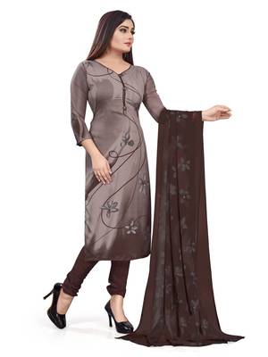 Brown  Crepe Printed Unstitched Salwar Suit Dress Material (Free Size) 2
