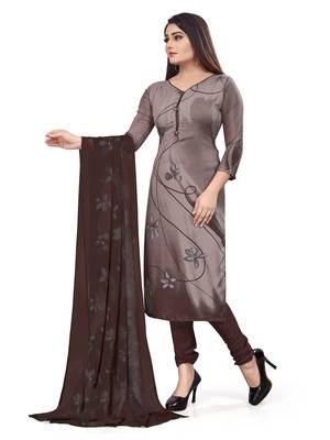 Brown  Crepe Printed Unstitched Salwar Suit Dress Material (Free Size) 3