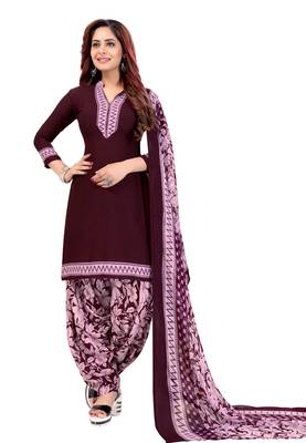 Dark Purple  Crepe Printed Unstitched Salwar Suit Dress Material (Free Size) 1